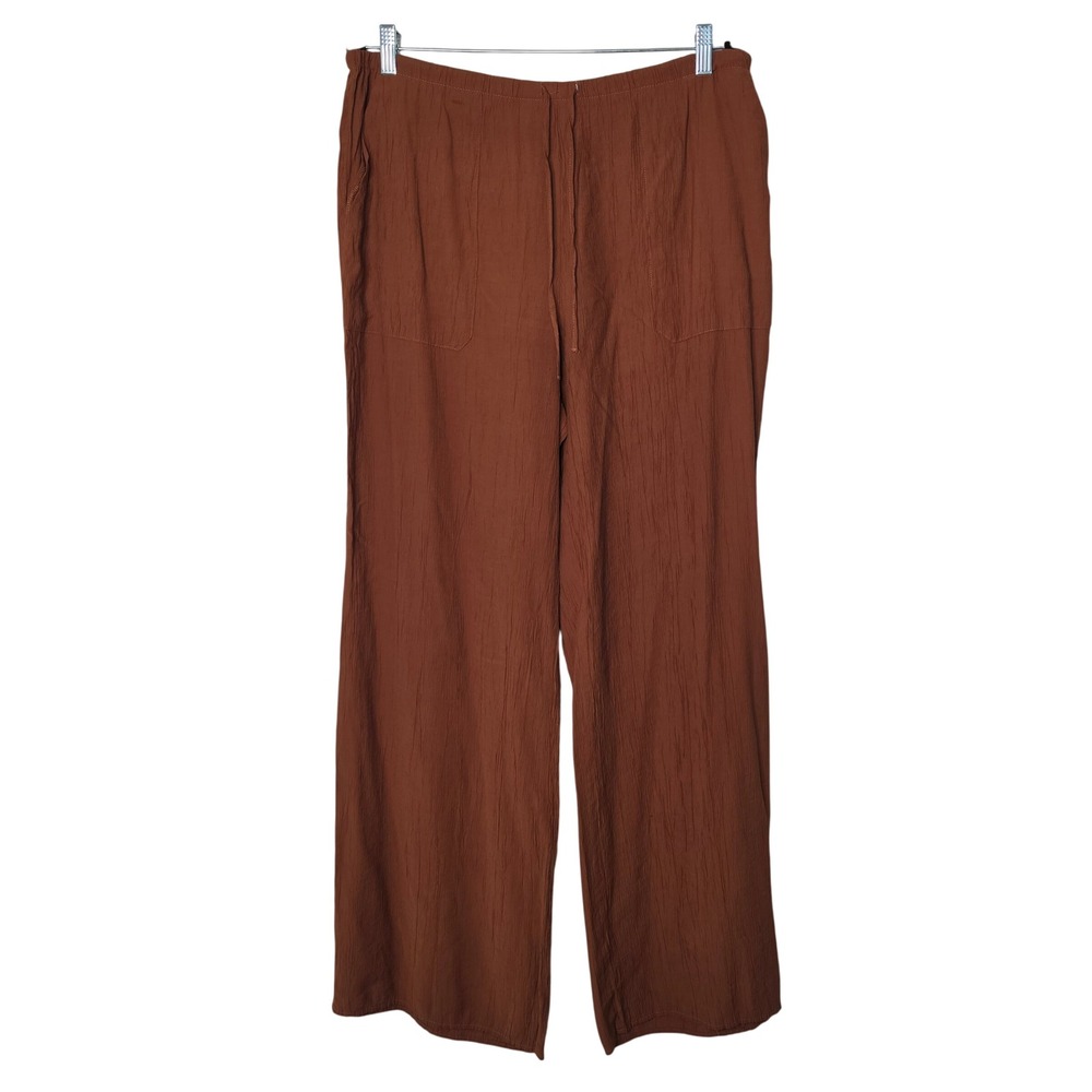 Zara Pants Womens XL Brown Wide Leg Crinkle Textured Drawstring Elastic Waist